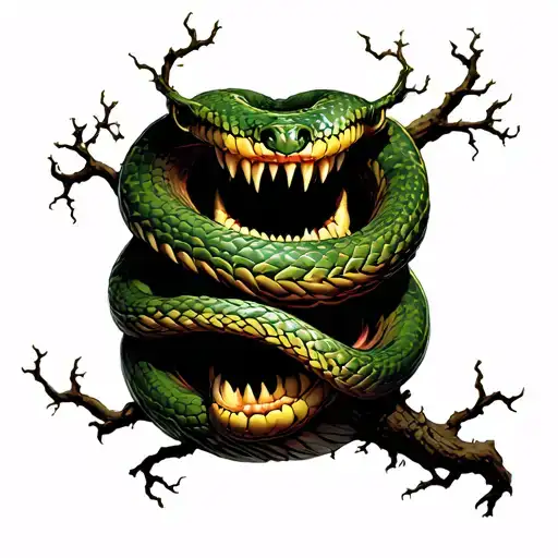 Pyhton Wrapping Around Tree With Fangs Wrapped