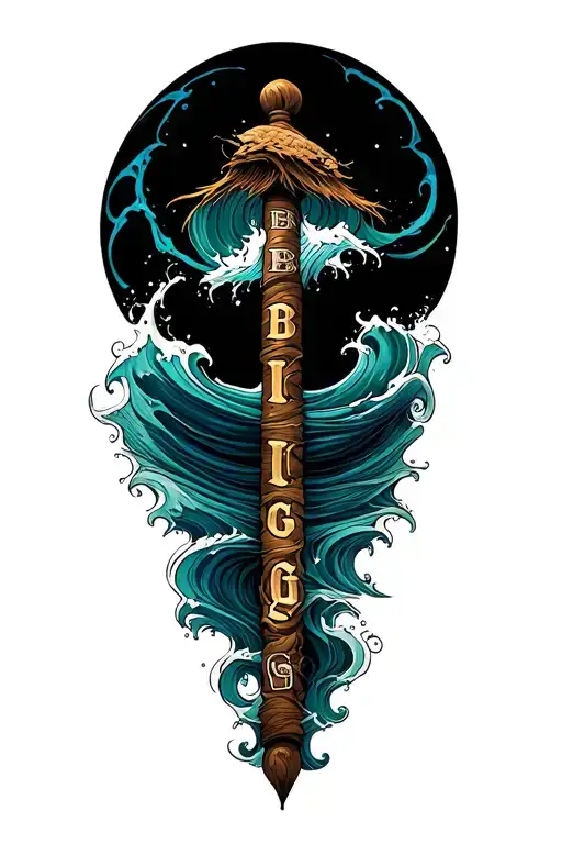 Fiahing Pole With Name Of Briggs Surrounded By Swirling Waves