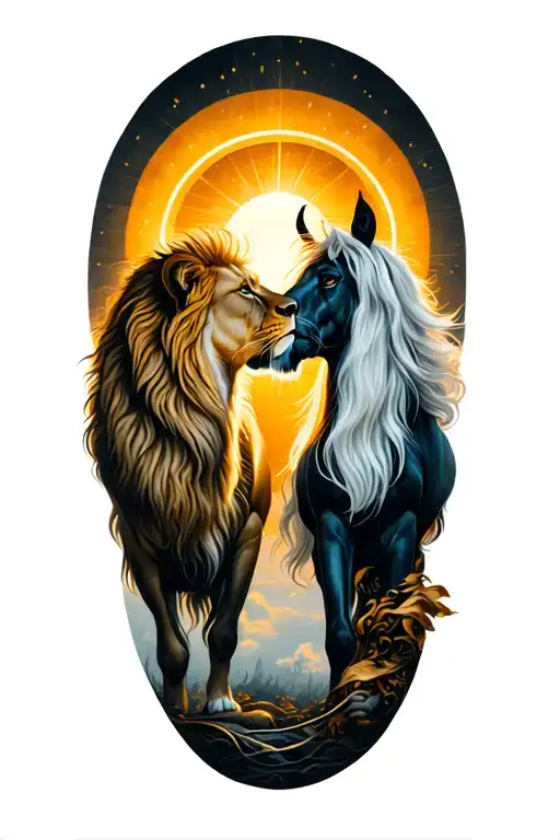 Leo Lioness And Sagittarius Centaur Lovers Kissing Under The Sun