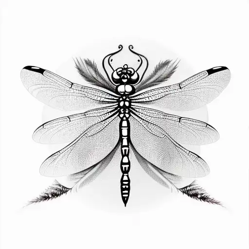 Dragonfly On Peacock Feather With Peony