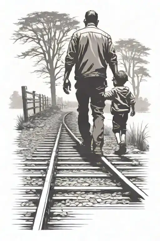 Silhouette Of Father And Young Son Walking On Railroad Holding Hands