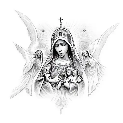 An Intricate Design Featuring The Virgin Mary Surrounded By Saints