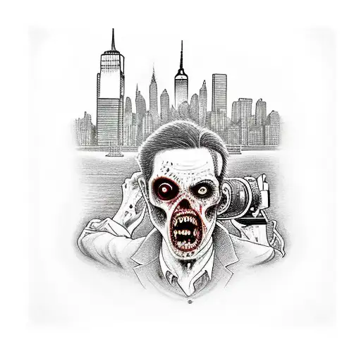A Zombie Holding A Camera In Front Of The New York Skyline