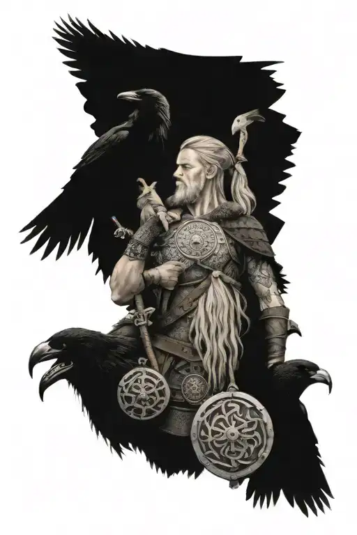 Viking Warrior With A Shieldmaiden And 2 Young Warrior Sons With A Crow On A Perch