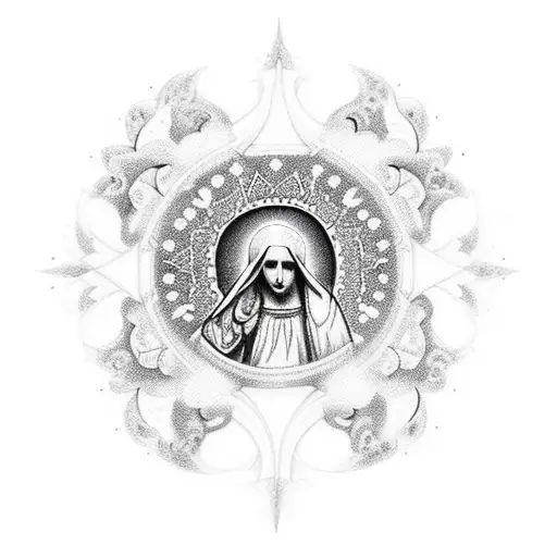 A Blackwork Tattoo Of The Virgin Mary With A Halo Of Stars