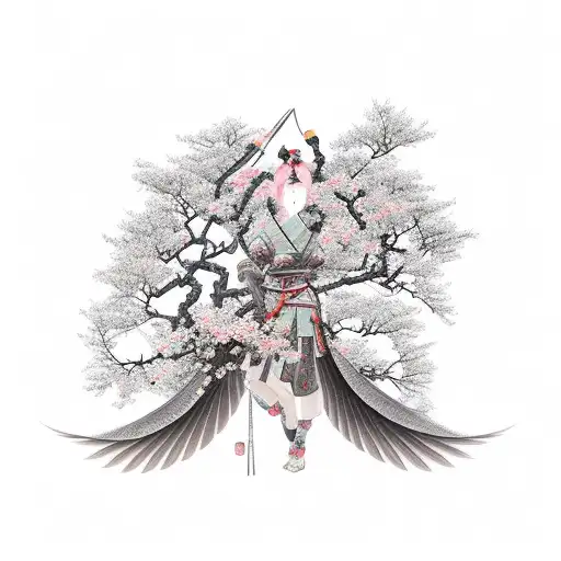Japanese Traditional Female Warrior With Cherry Blossom Tree And Crane Bird