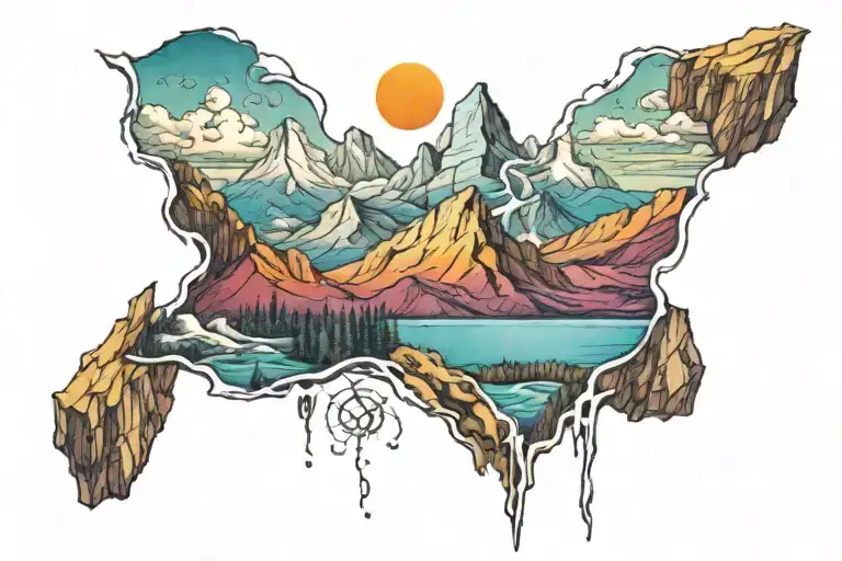 Colorful Mountain Range With Athiest Symbols Hidden Within