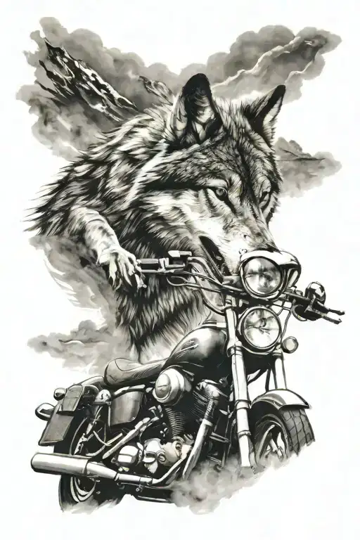 Wolf Head Howling Above Motorbike Riding Off Into The Distance