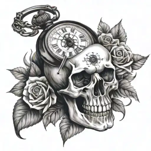 Memento Mori Tattoo Evil Realistic Skull With A Pocket Watch With Fibonaci Sequence