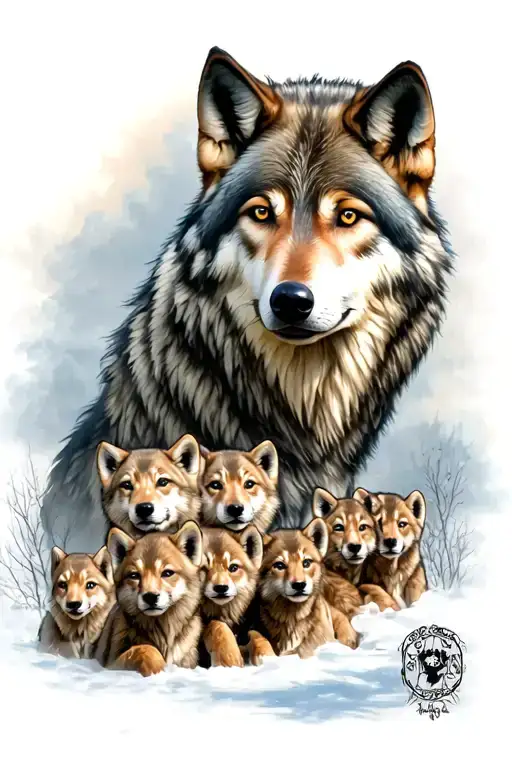 Wolf With 6 Cubs