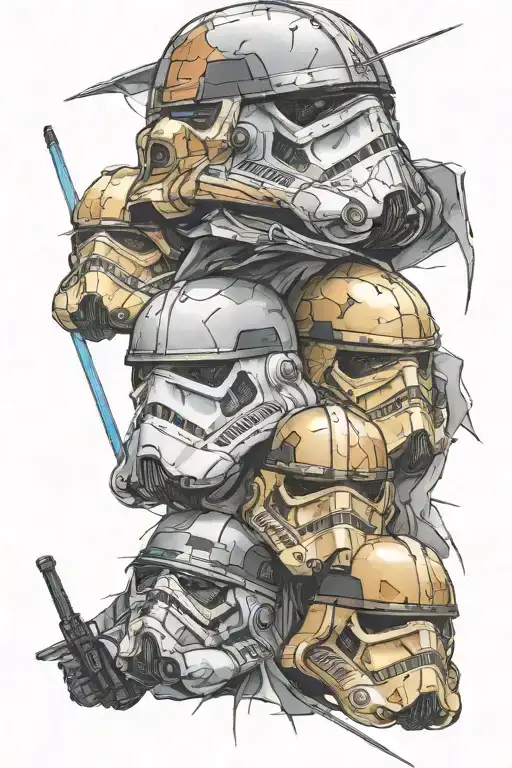 Broken Star Wars Helmets In A Pile With A Light Saber Stuck In The Middle