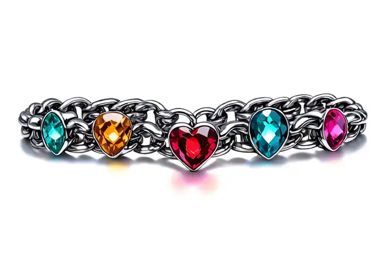 A Chain Link Bracelet With 4 Colored Stones And A Heart Clasp