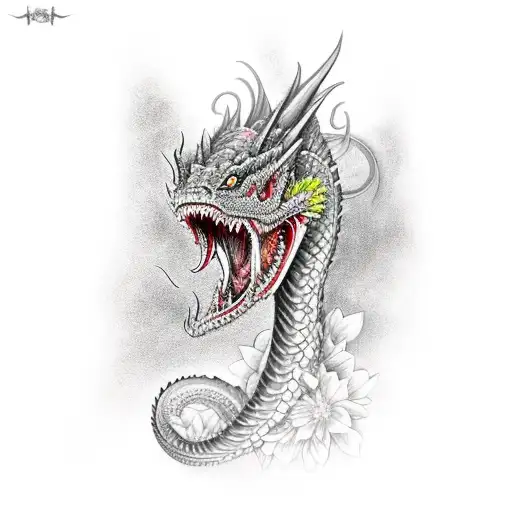 A Realistic Dragon Coiled Around A Lush Garden Filled With Vibrant Flowers And Plants