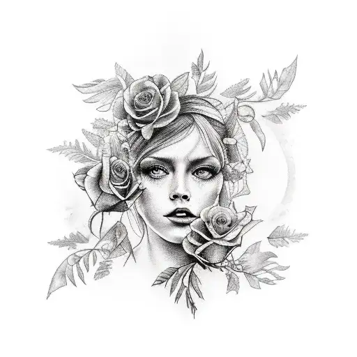 A Realism Style Tattoo Of Sally Holding A Bouquet Of Black Roses With A Backdrop Of A Haunted Forest