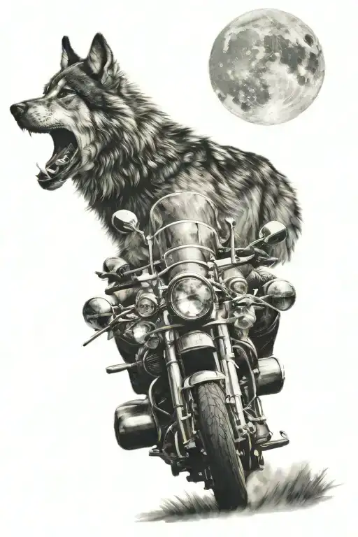Wolf Howling Above Motorbike Riding Off Into The Distance