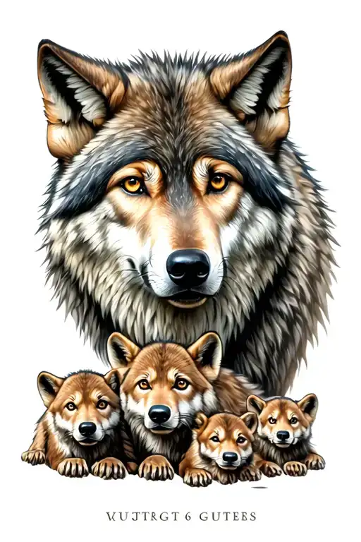 Wolf With 6 Cubs Tattoo Design Idea