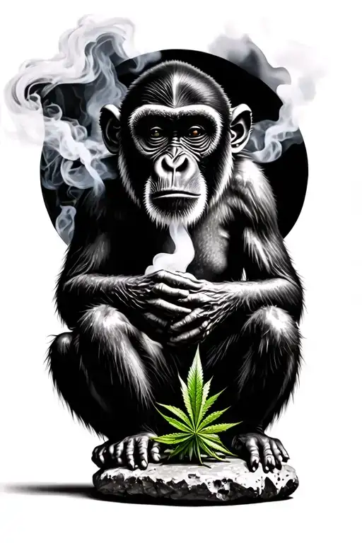 Old Monkey Sitting On A Stone Smoking Marijuana In Black And White