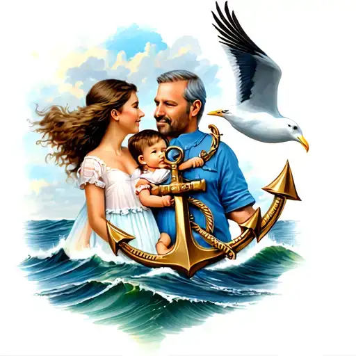Dad Mom And 2 Kids In It And A Seagull Carrying Anchor