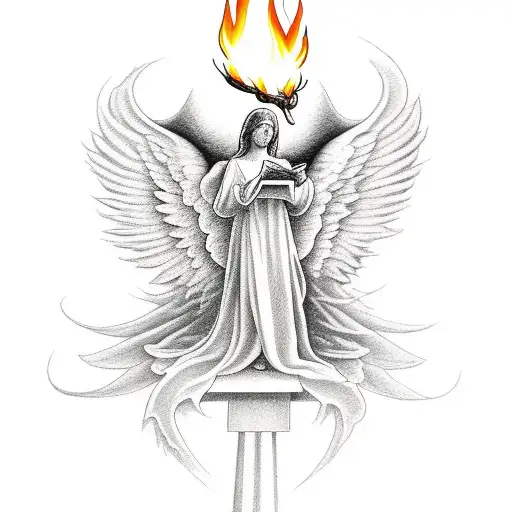 A Realistic Portrayal Of An Angelic Figure Writing Poetry With Fire As Ink