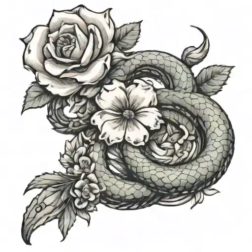Snake Wrapped Spine Tattoo With Flowers