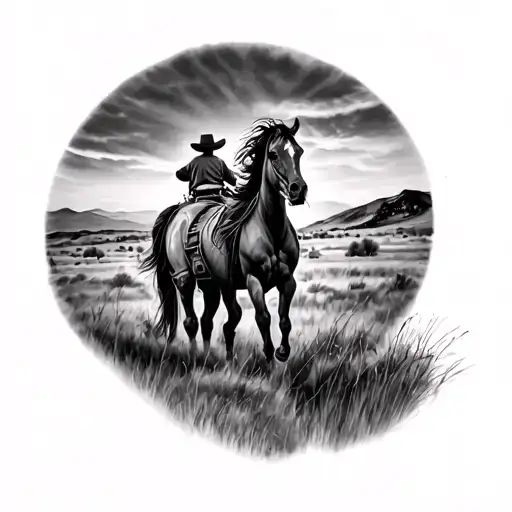 Horse And Cowboy Walking Into Horizon