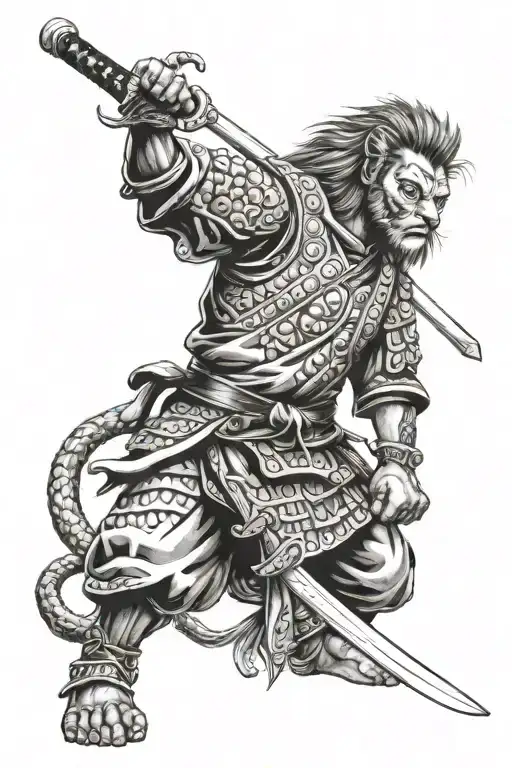 Half Human Half Lion Samurai With Katana Sword