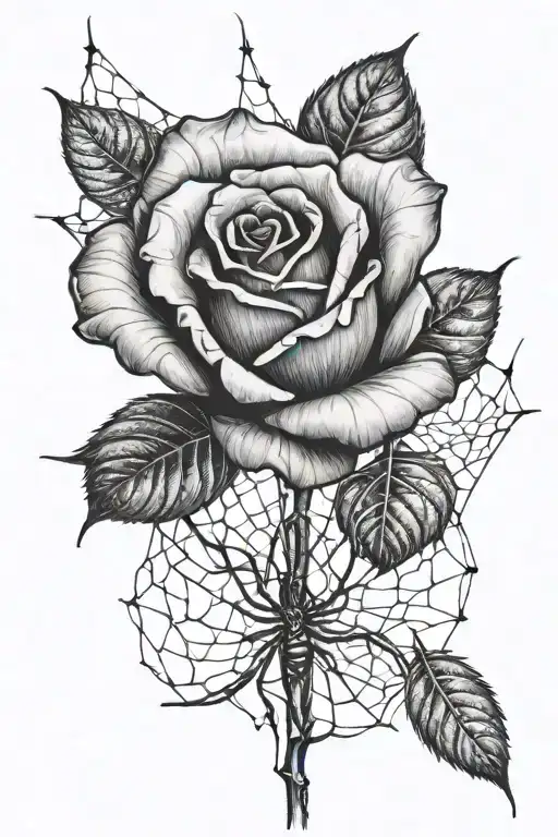 One Rose With Stem And Spider Web