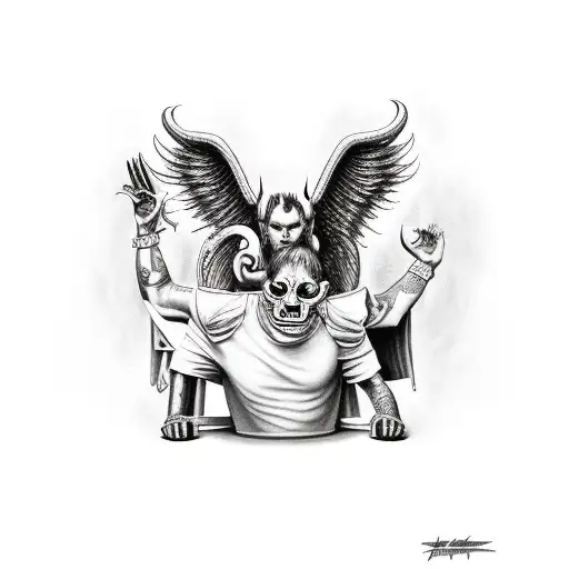 Devil And Angel Passed Out At A Table With Alcohol Spilled Over And