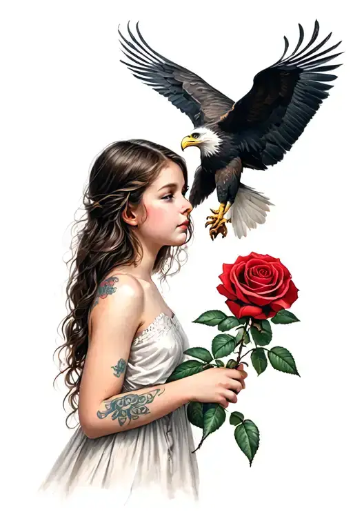 A Girl Holding A Rose With A Eagle Perched