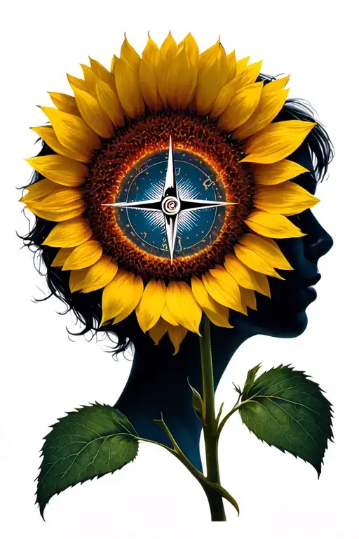 Sunflower With A Hidden Silhouette Of A Person's Soul Blending In With A Compass
