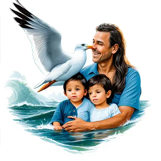 Dad Mom And 2 Kids In It And A Seagull