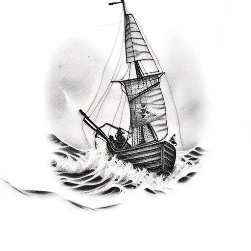 A Realistic Tattoo Of A Majestic Fishing Boat Sailing Through Rough Waters