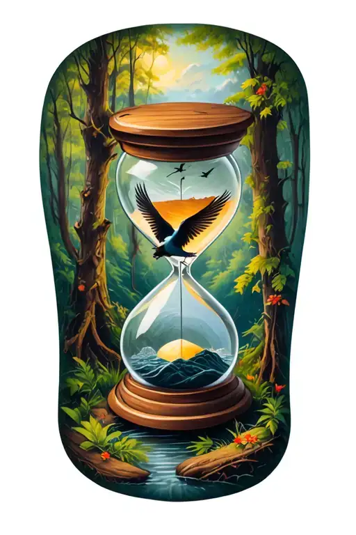 Hourglass In Forest Scene With Birds Flying