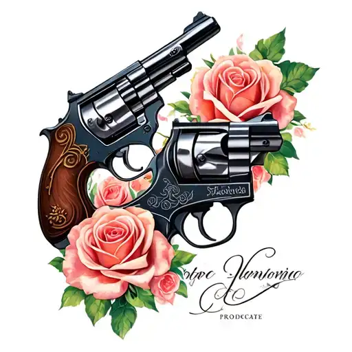 Feminine Double Gun Tattoo With Roses Blooming