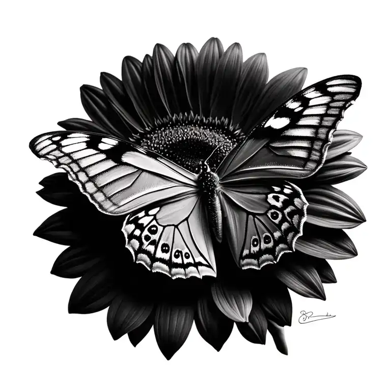 Realistic Butterfly And Sunflower In Black And Whiteno Background