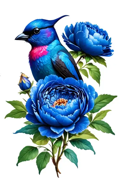 Blue Peonies With Bird