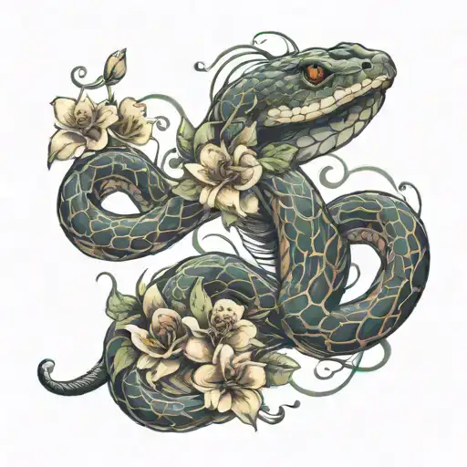 Snake Wrapped Around Spinal Cord With Flowers