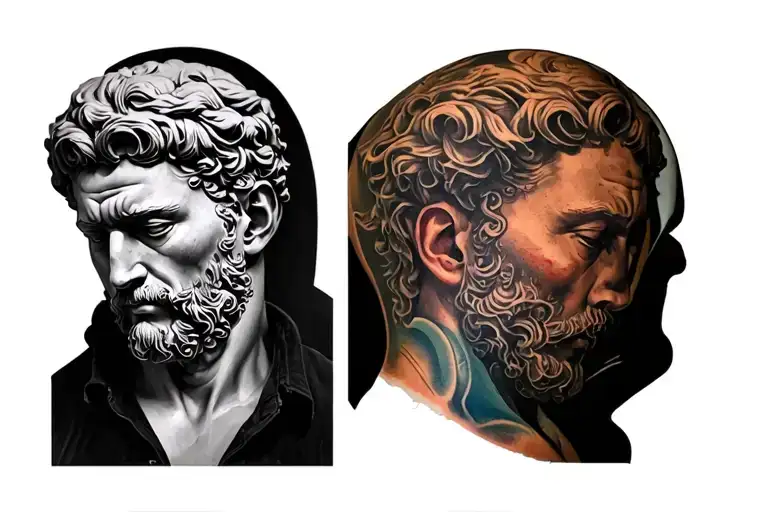 Realism Tatoo With A Stoic Bust Who's Head Is Shows Subconsious Expansion