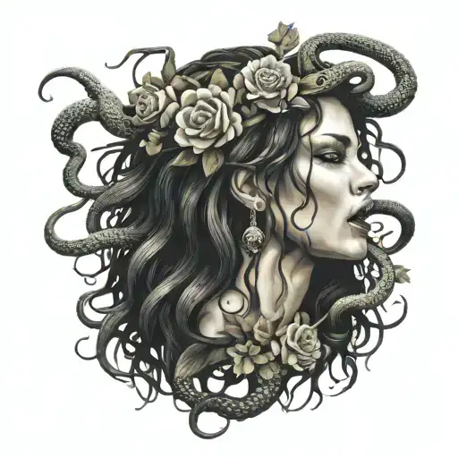 Medusa Crying With Snakes Coming Out With Fangs Around Her And Flowers