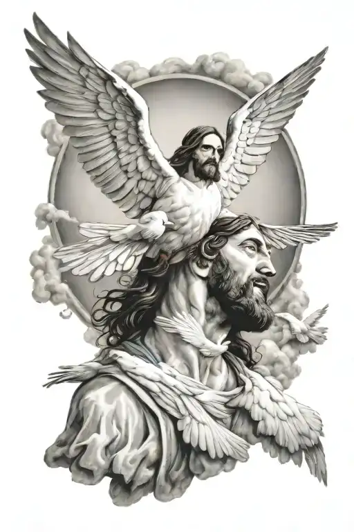 Jesus Looking Down White Dove Flying