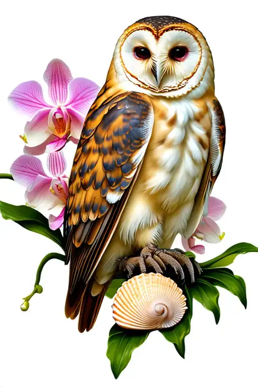 Barn Owl Perched On An Orchid Stem With A Seashell Along The Bottom