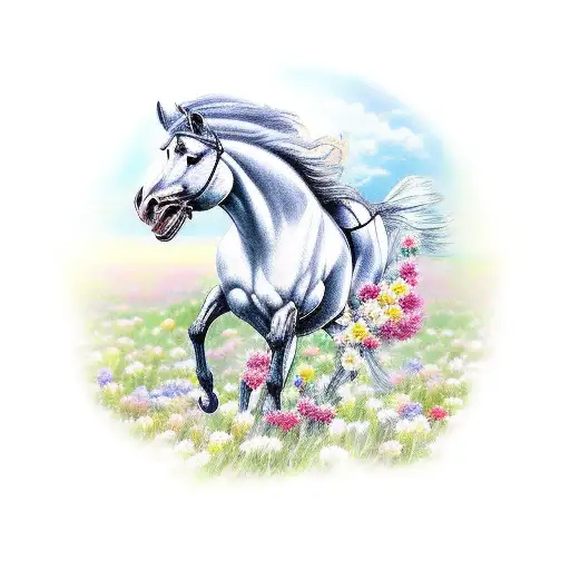Galloping Horse On A Flowerfield