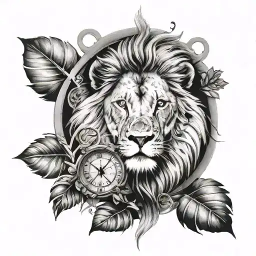 A Tattoo About A Lion In The Jungle With A Clock Giving The Time Of Birth Of My Son