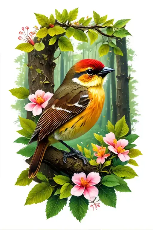 Small Bird In Forrest With Flowers