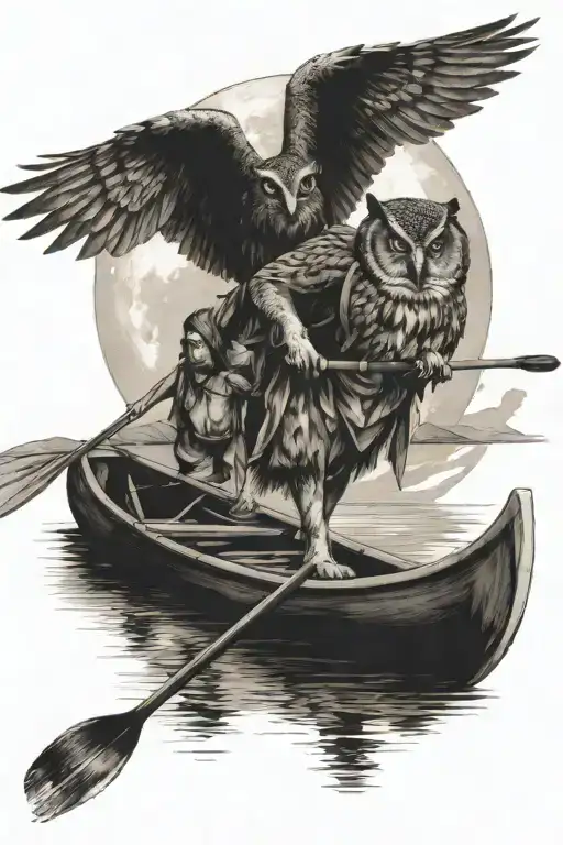 Owl And Moon Guardian Over Man Canoeing Into The Night For Women