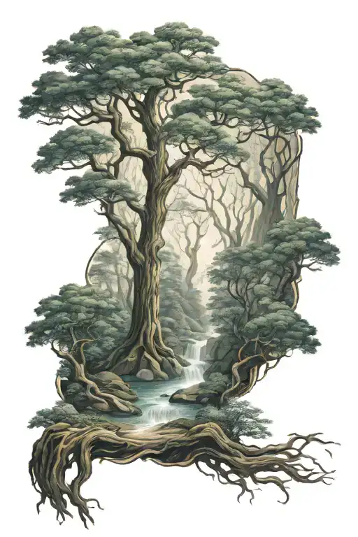 Mystic Forest Scene With Water Flowing