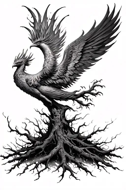 Fiery Phoenix Rising From Ash Tree At The Bottom