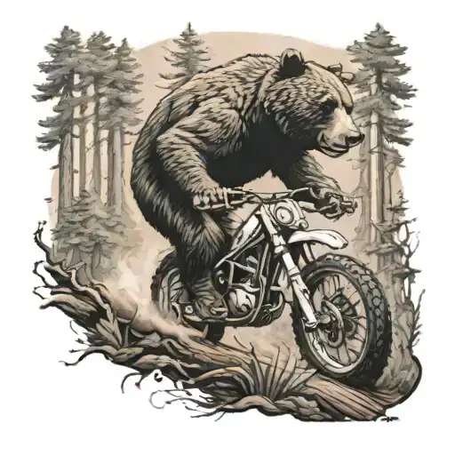 A Traditional Style Tattoo Of A Bear Riding A Dirtbike Through A Forest