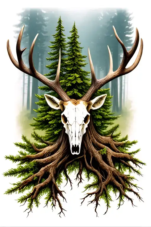 Pine Tree With Roots Elk Skull With Antlers