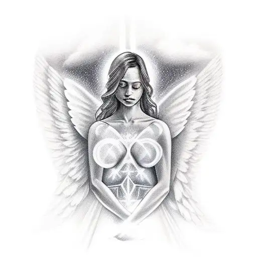 Angel Halo With Rays Of Lights And Clouds On Shoulder Coming Onto Chest